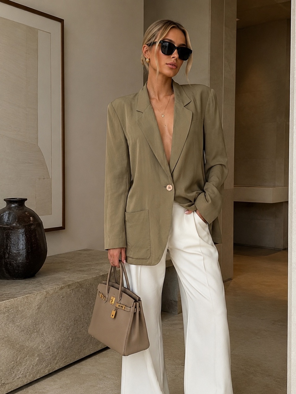 Mark shale Olive green Single-Button Relaxed Blazer 100% silk Women's blazer